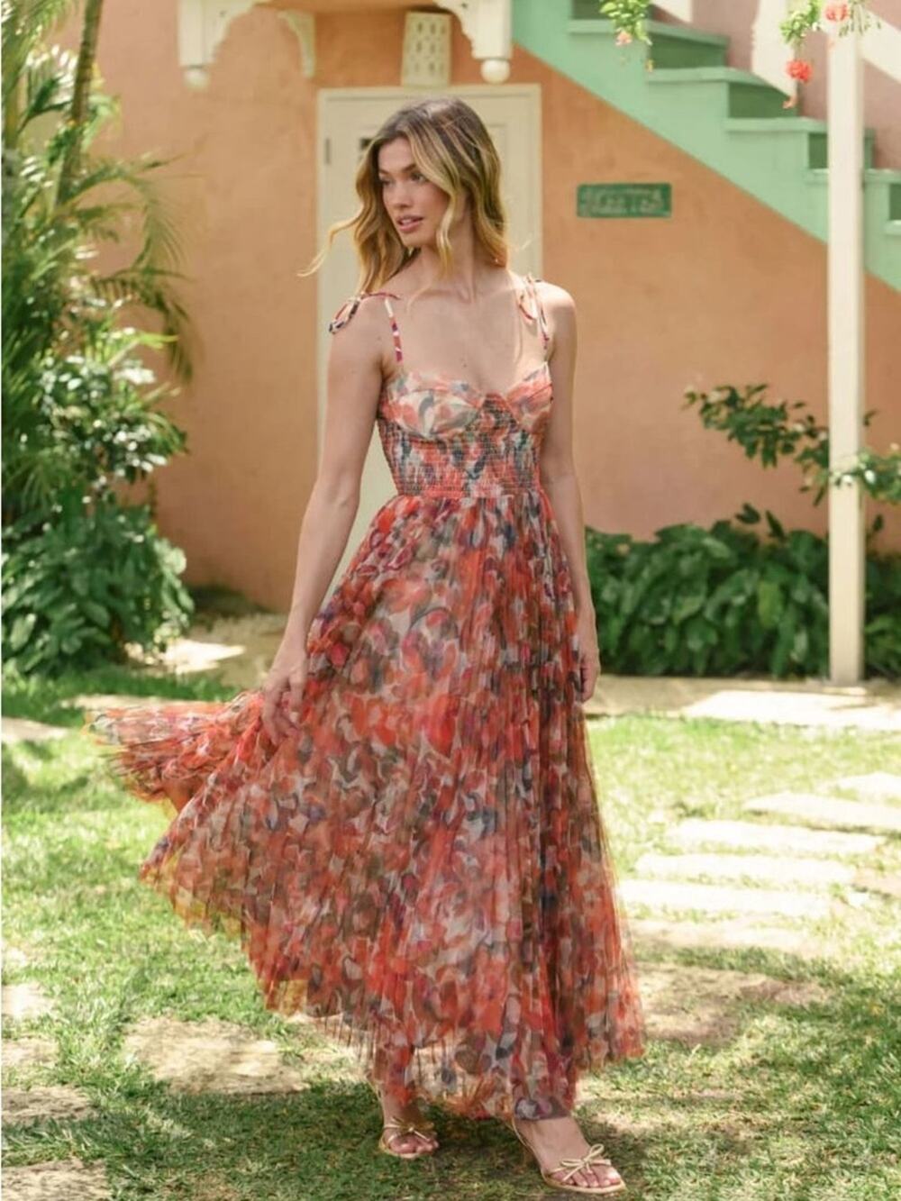 Hutch Brianna Tie Strap Gown in Orange Lush Tropical XS